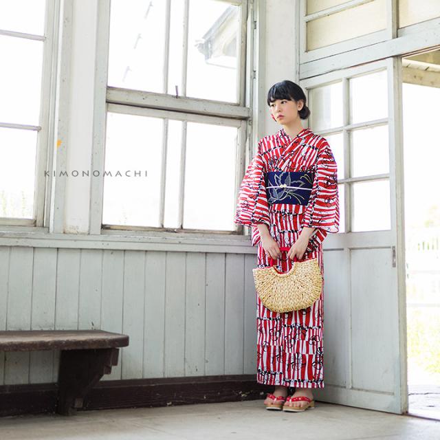 ガーベラ浴衣セット 兵児帯 ブルー ホワイト ネイビー 大人花柄