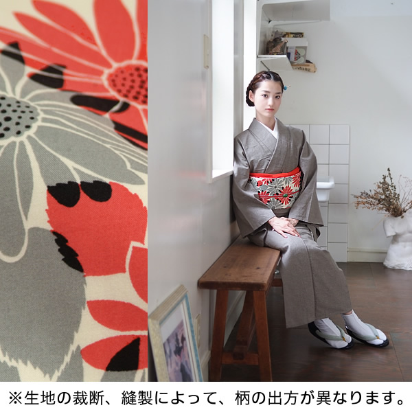 木綿名古屋帯 「オレンジレッド×グレー マーガレット」コットン名古屋帯 カジュアル帯 長尺もあります 木綿帯 ss2509ong15_1
