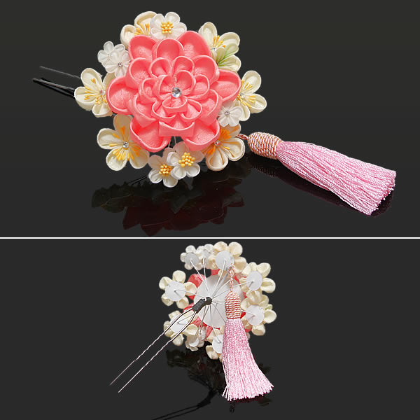 【Prices down】成人式 髪飾り つまみ細工かんざし 髪飾り ピンク 白色のつまみのお花 黄色の房飾り Watuu（和つう） 花 つまみ髪飾り 振袖 振り袖ss2512wkk55_1