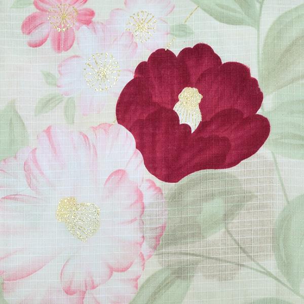 変わり織り 女性浴衣単品「生成り ワイン×ピンク 椿と桜