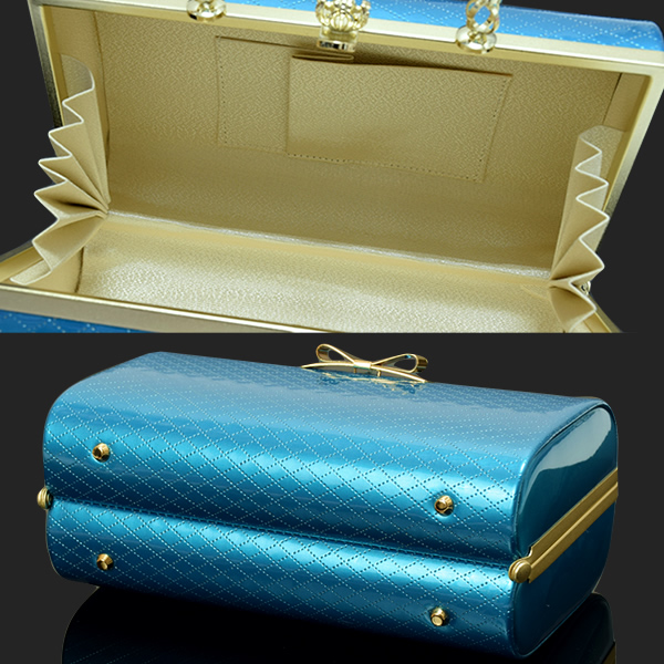 fussa バッグ単品「ブルー リボン」ひし型押リボン飾り 振袖バッグ