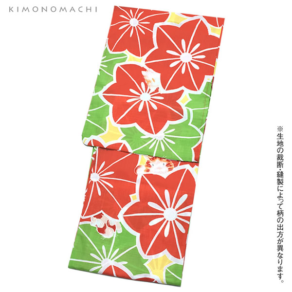 女性 浴衣「赤×もえぎ色 お花と猫」ポリエステル フリーサイズ 女性