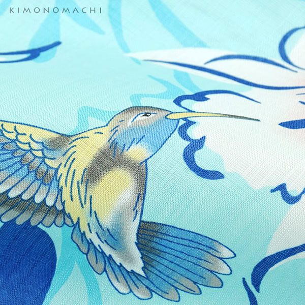 女性 浴衣「水色 ハチドリと花」ポリエステル フリーサイズ 女性浴衣 お仕立て上がりSS2312ykl55の通販は