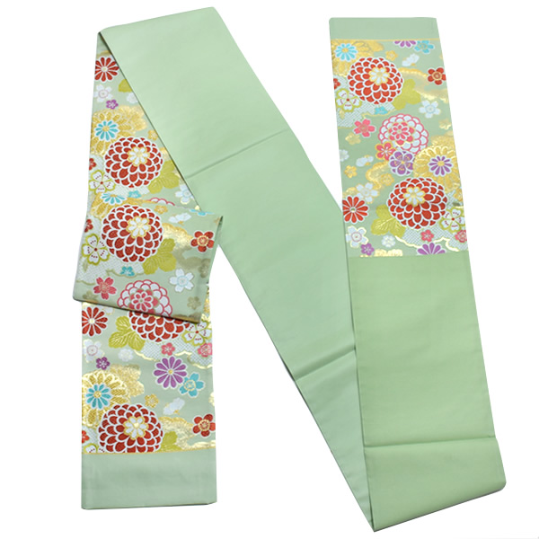 【Prices down2】振袖 袋帯「白緑色 雲に菊花」 未仕立て 西陣織 京都西陣 正絹帯 [送料無料]＜T＞ss2512ofk40 Prices down2】振袖 袋帯「白緑色 雲に菊花」 未仕立て 西陣織 京都