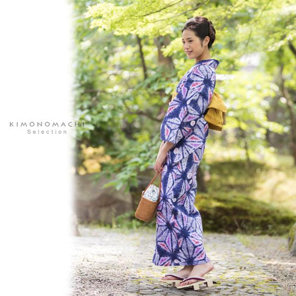 変わり織り 浴衣単品「青藍色 絞り風麻の葉」夏祭り、花火大会に