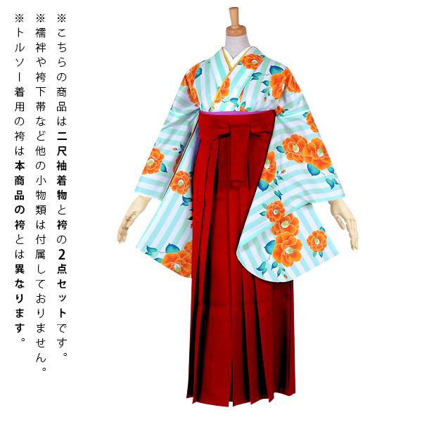 【中古品】袴セット レディース 卒業式 「二尺袖：白×緑 縦縞 椿+袴：エンジ×矢絣」貸衣装処分 レンタル処分品 二尺袖 袴 卒業式、謝恩会に 【メール便不可】ss2512hkm10 中古品】袴セット レディース 卒業式 「二尺袖：白×緑 縦縞 椿+袴
