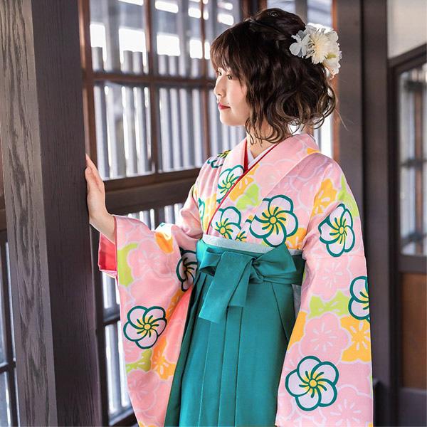 【中古品】袴セット レディース 卒業式 「二尺袖：ピンク 梅尽くし+袴：ターコイズブルー×桜 刺繍」貸衣装処分 レンタル処分品 二尺袖 袴 卒業式、謝恩会に 【メール便不可】の通販は
