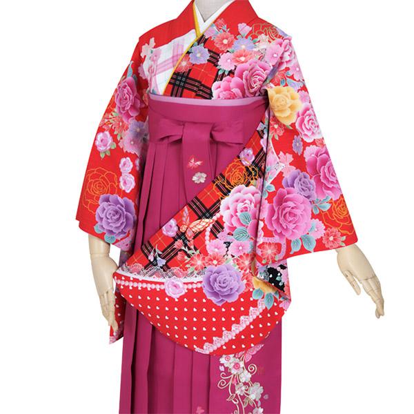 【中古品】ジュニア用 振袖単品 卒業式小学生 「赤 チェックにバラとレース」 仕立て上がり 着物 小振袖 二尺袖 袴に合わせて ショート丈 子ども 子供 キッズ ジュニア 女の子 卒業式 入学式 小学校 中学生 十三参り 十三詣り 貸衣装処分 レンタル処分品【メール便不可】