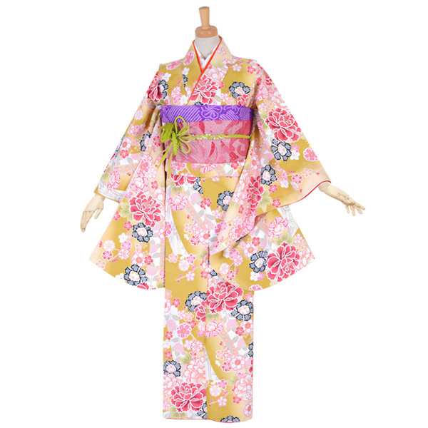 【中古品】ジュニア用 振袖単品 卒業式小学生 「芥子色 桜と牡丹」 仕立て上がり 着物 小振袖 二尺袖 子ども 子供 キッズ ジュニア 女の