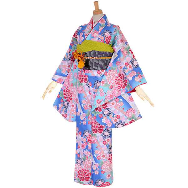 【中古品】ジュニア用 振袖単品 卒業式小学生 「青 桜と牡丹」 仕立て上がり 着物 小振袖 二尺袖 子ども 子供 キッズ ジュニア 女の子 卒