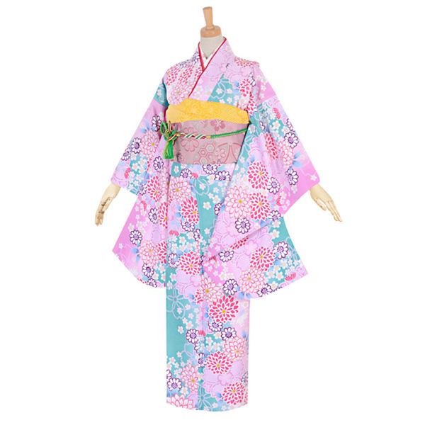 【中古品】ジュニア用 振袖単品 卒業式小学生 「ピンク×緑 菊 桜」 仕立て上がり 着物 小振袖 二尺袖 子ども 子供 キッズ ジュニア 女の子 卒業式 小学校 中学生 十三参り 十三詣り 1/2成人式 ハーフ成人式 貸衣装処分 レンタル処分品【メール便不可】