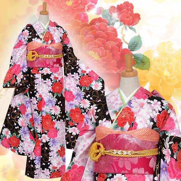 訳アリ】【中古品】仕立て上がり 振袖 「黒 輪桜に牡丹」貸衣装処分