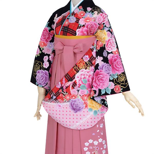 【中古品】ジュニア用 振袖単品「黒 チェックにバラとレース」ショート丈 仕立て上がり 小振袖 着物 子ども 子供 キッズ ジュニア 女の子 卒業式 小学校 小学生 中学校 中学生 十三参り 十三詣り 1/2成人式 ハーフ成人式 貸衣装処分 レンタル処分品 【メール便不可】