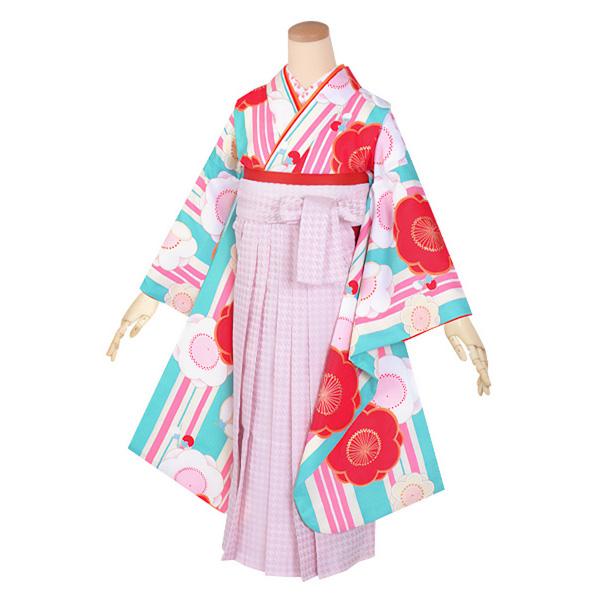 【中古品】ジュニア用 振袖単品「ターコイズブルー 縦縞に梅柄」仕立て上がり 襦袢プレゼント 小振袖 着物 子ども 子供 キッズ ジュニア 女の子 卒業式 小学校 小学生 中学校 中学生 十三参り 十三詣り 1/2成人式 ハーフ成人式 貸衣装処分 レンタル処分品 【メール便不可】