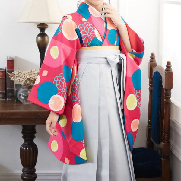 中古品】ジュニア用 振袖単品 卒業式小学生 「ピンク 水玉に丸菊 