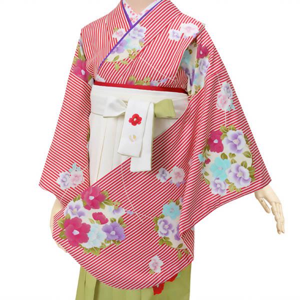 【中古品】ジュニア用 振袖単品「クリーム色×赤 縦縞に椿の花の丸」ショート丈 仕立て上がり 小振袖 着物 子ども 子供 キッズ ジュニア 女の子 卒業式 小学校 小学生 中学校 中学生 十三参り 十三詣り 1/2成人式 ハーフ成人式 貸衣装処分 レンタル処分品 【メール便不可】