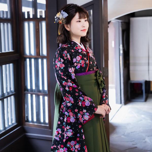 振袖袴： R268 黒紫ぼかし 桜と鈴☆(絹)│ 袴レンタル │ 京都着物