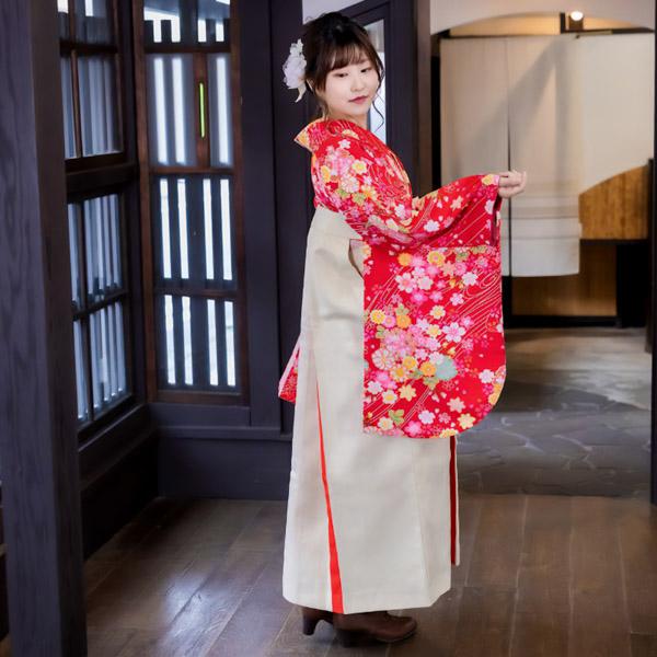 中古品】二尺袖 単品 卒業式小学生 「赤 桜 友禅調糸目の風」貸衣装