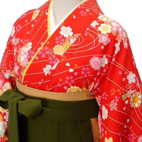 中古品】二尺袖 単品 卒業式小学生 「赤 桜 友禅調糸目の風」貸衣装