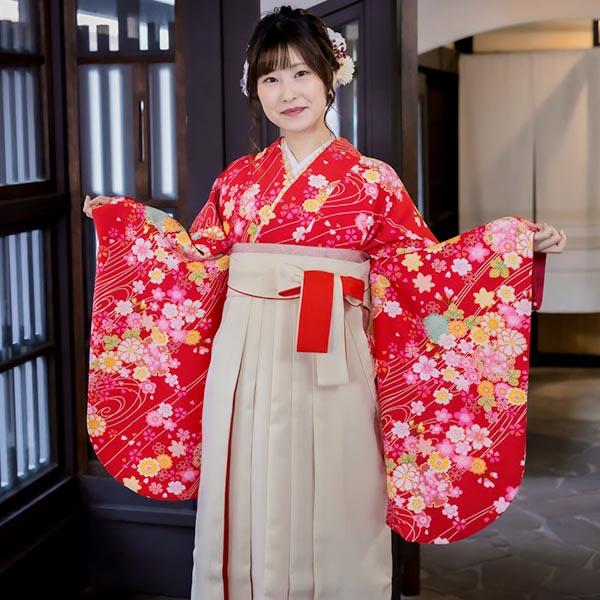 中古品】二尺袖 単品 卒業式小学生 「赤 桜 友禅調糸目の風」貸衣装 