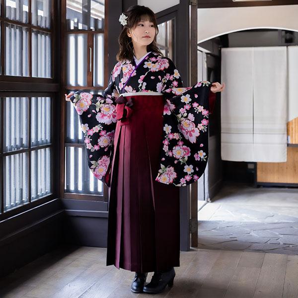 【中古品】二尺袖 単品 卒業式小学生 「黒 桜重ね」貸衣装処分 レンタル処分品 卒業式 【メール便不可】ss2512kck10