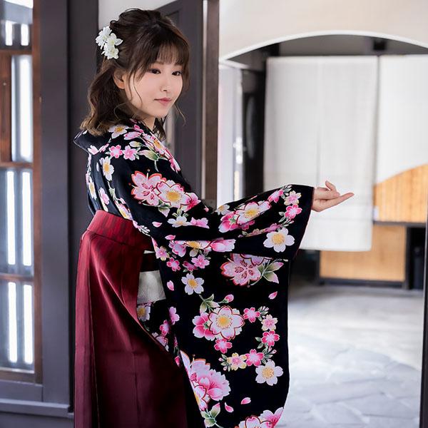 中古品】二尺袖 単品 卒業式小学生 「黒 桜重ね」貸衣装処分 レンタル