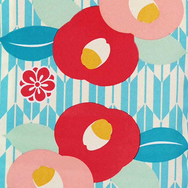 中古品】二尺袖 単品「ワイドサイズ クリーム/水色 矢絣に椿」貸衣装