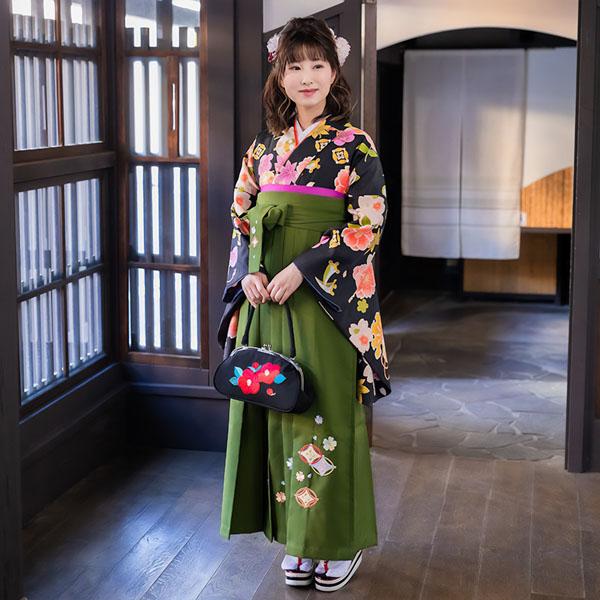 【中古品】二尺袖 単品「黒 桜楓橘 宝尽くし」貸衣装処分 レンタル処分品 卒業式 【メール便不可】ss2512kck10