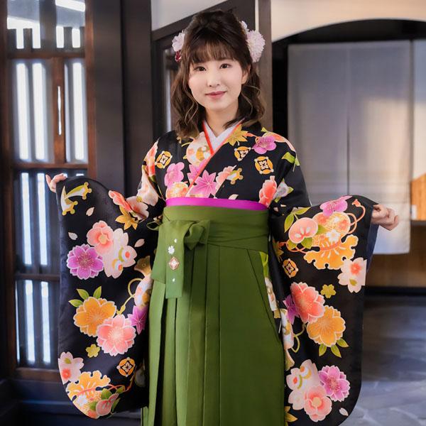 【中古品】二尺袖 単品「黒 桜楓橘 宝尽くし」貸衣装処分 レンタル処分品 卒業式 【メール便不可】ss2512kck10