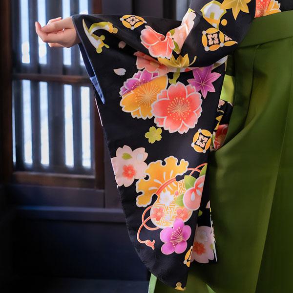 【中古品】二尺袖 単品「黒 桜楓橘 宝尽くし」貸衣装処分 レンタル処分品 卒業式 【メール便不可】ss2512kck10