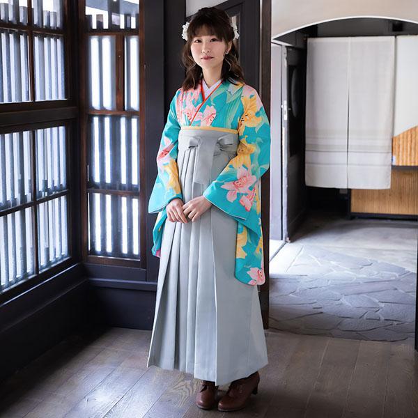 【中古品】二尺袖 単品「緑 百合に小鳥」貸衣装処分 レンタル処分品 卒業式 【メール便不可】ss2512kck10