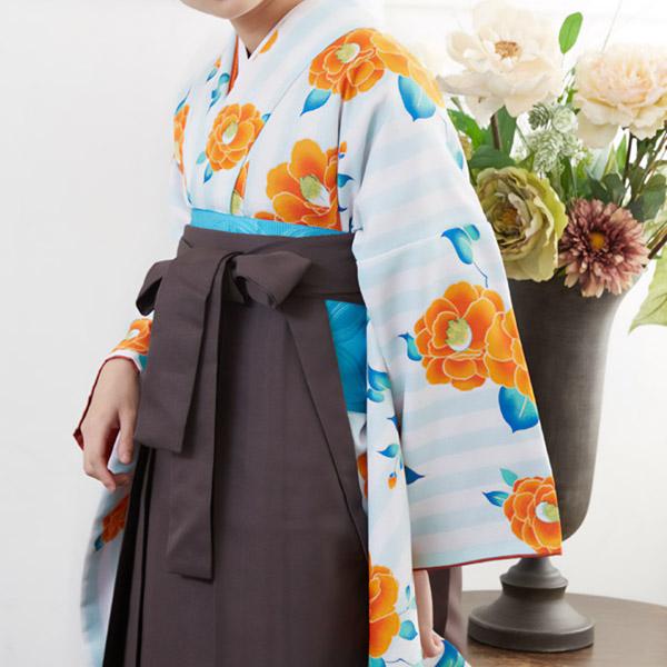 中古品】二尺袖 単品「白×緑 縦縞 椿」貸衣装処分 レンタル処分品 卒業