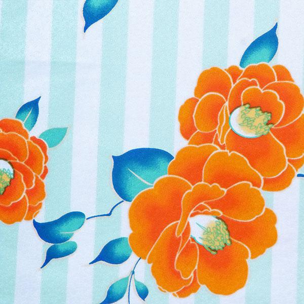 中古品】二尺袖 単品「白×緑 縦縞 椿」貸衣装処分 レンタル処分品 卒業