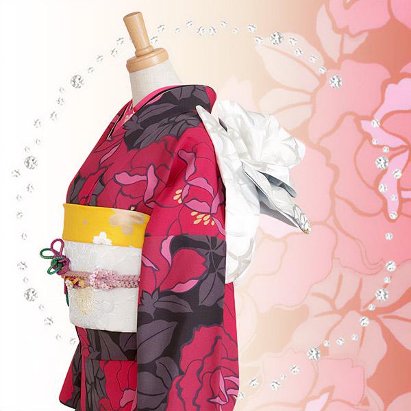 訳アリ】【中古品】仕立て上がり 振袖 単品「黒×ピンク 薔薇」貸衣装