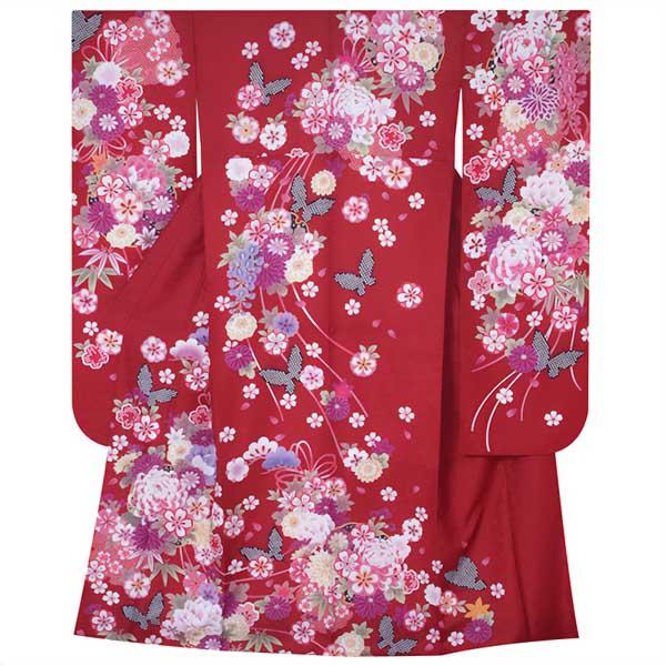 【訳アリ】【中古品】仕立て上がり 振袖 単品「赤 雪輪に薬玉文と蝶」貸衣装処分 レンタル処分品【メール便不可】ss2512fml10