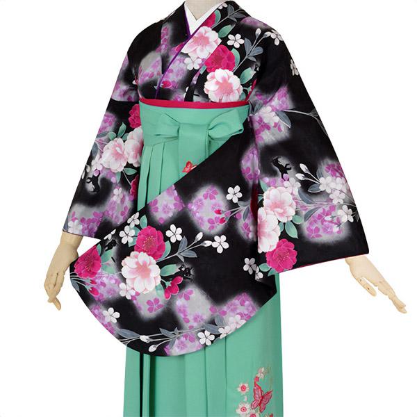 【中古品】二尺袖 単品「黒 夜桜ネコ」貸衣装処分 レンタル処分品 卒業式【メール便不可】ss2512kck10