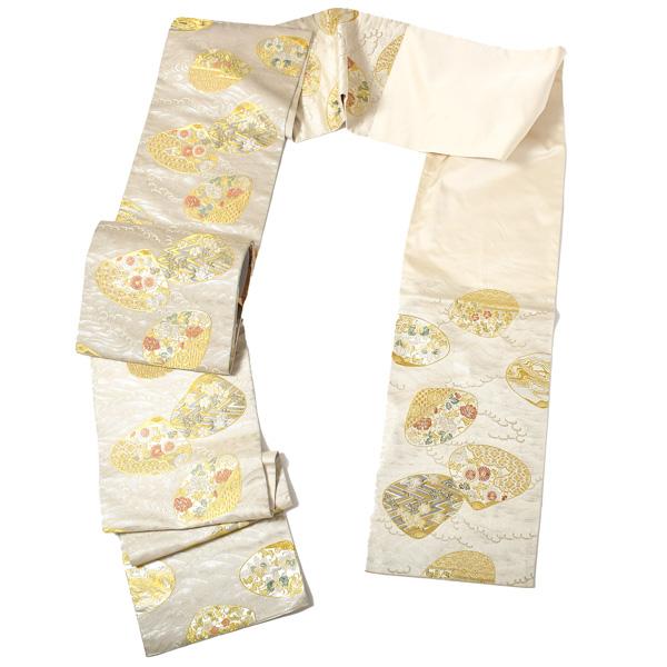 振袖 袋帯 単品「象牙色地、白金×砂色 ねじ花に七宝」六通柄 日本製 お