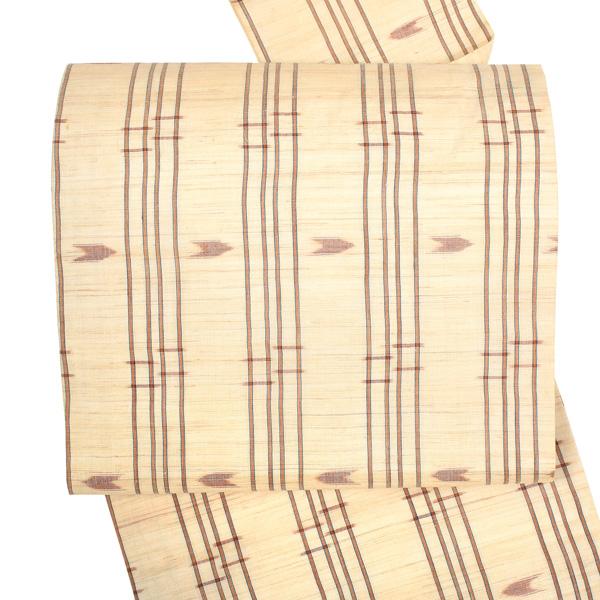 【中古品】仕立て上がり 九寸名古屋帯 「生成り 縞に羽根」 上布 【メール便不可】ss2512ong20