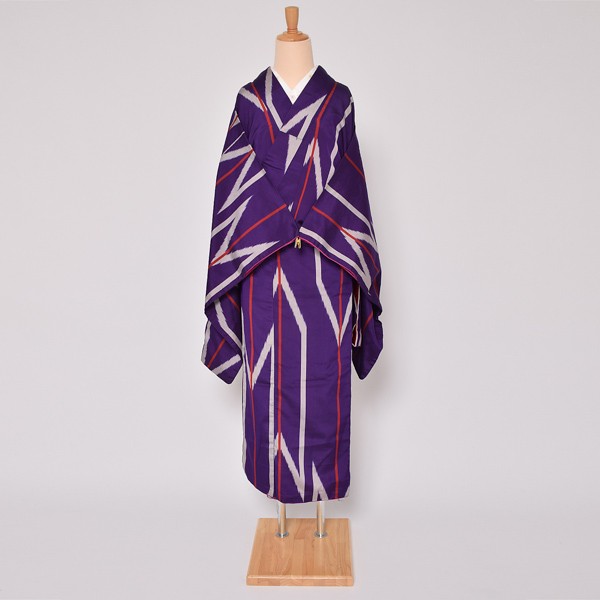 中古品】「紫 縞に絣」仕立て上がり リサイクル着物 二尺袖着物 