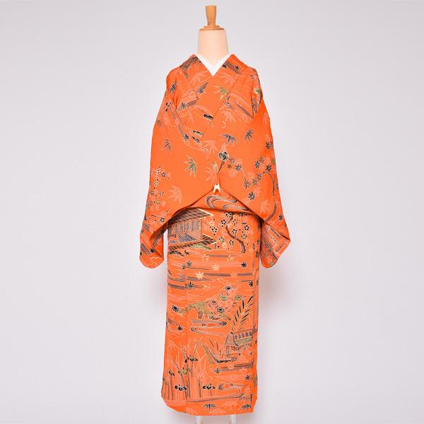【Prices down2】【中古品】仕立て上がり 袷着物「オレンジ 庭風景」小紋 正絹 【メール便不可】＜T＞ss2512kck45