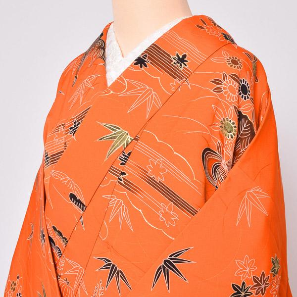Prices down2】【中古品】仕立て上がり 袷着物「オレンジ 庭風景」小紋