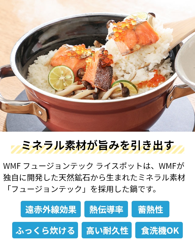 2大特典 ヴェーエムエフ フュージョンテック ミネラル ライスポット 20cm ごはん鍋 両手鍋 小型鍋 ご飯鍋 食洗機対応 深型 小さい 小さめ 揚げ物 直火 おしゃれ 注ぎやすい 炒め物 煮込み 一人暮らし 炊飯 蓋付き WMF_4