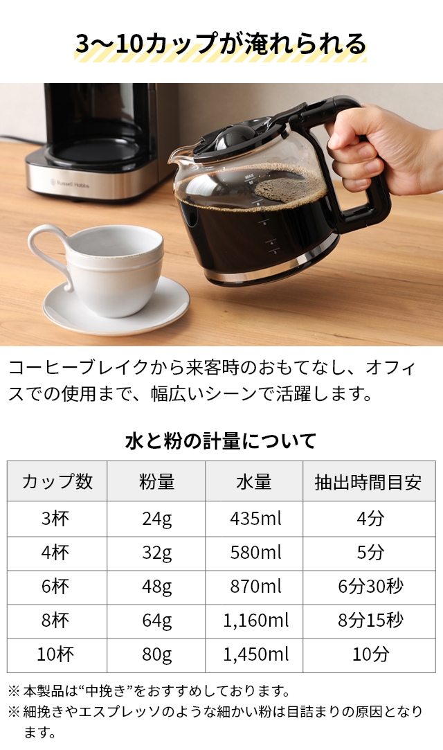 ラッセルホブス 選べる豪華特典 コーヒーメーカー グランドリップ 10カップ 7651JP コーヒーマシン 10杯 おしゃれ ガラス容器 珈琲 コンパクト 3カップ 5杯 6杯 8杯 タイマー付き フィルター不要 保温機能付 自動電源オフ Russell Hobbs 10cup_10