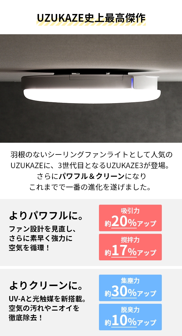 スライマック 選べる特典付き シーリングファン ウズカゼ 3 LEDシーリングファンライト FCE-570 うずかぜ シーリングライト サーキュレーター 空気清浄機 LED ライト 照明 脱臭 羽根なし 調光 調色 8〜14畳対応 薄型 省エネ おしゃれ Slimac UZUKAZE_5