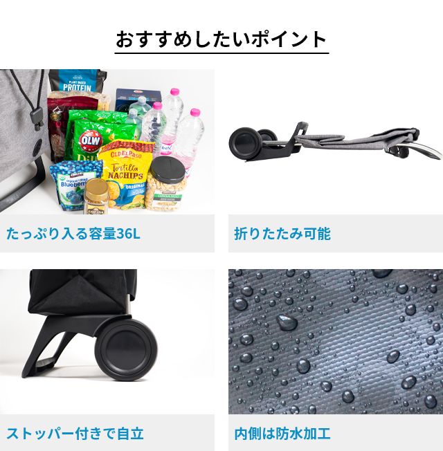 ロルサー キャリーカート ジョイ モノトーン ショッピングカート 買い物カート キャリーバッグ 折りたたみ 大容量 スーパー 2輪 おしゃれ 軽量 静音 買い物 高齢者 折り畳み コンパクト 丈夫 アウトドア 36L 収納 自立 頑丈 レジャー ROLSER JOY monotone_3