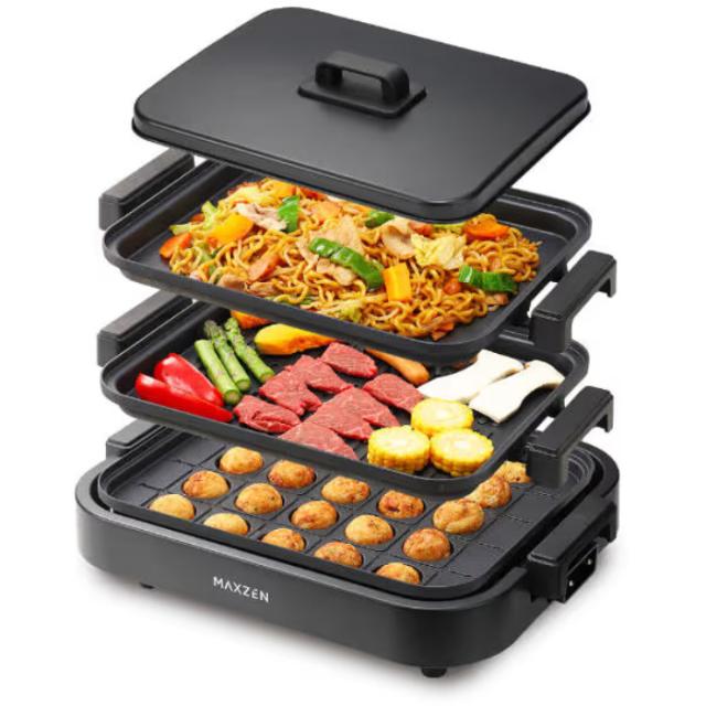 マクスゼン ホットプレート 3プレートモデル 平面 焼肉 たこ焼き MHP120MT301-BK ブラック スタッキング収納 お手入れ簡単 新生活 一人暮らし