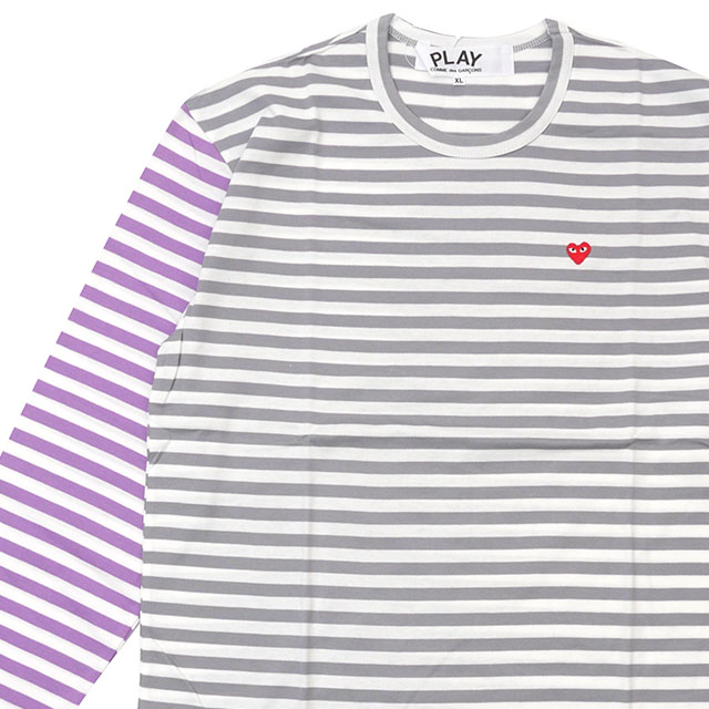 【価格見直しました】 新品 プレイ コムデギャルソン PLAY COMME des GARCONS MENS Small Red Heart Striped L/S T-Shirt 長袖Tシャツ GRAYxPURPLE TOPS