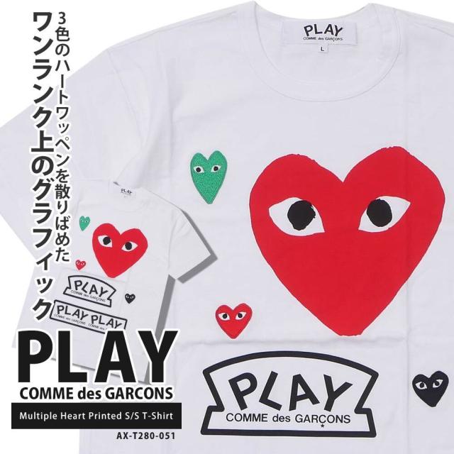 新品 プレイ コムデギャルソン PLAY COMME des GARCONS MULTIPLE HEART TEE Tシャツ 半袖 ワッペン ハート ロゴ クルーネック カットソー 日本製 ギャルソン 入手困難 AX-T280-051 半袖Tシャツ