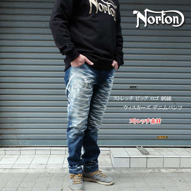 norton ノートン ジーンズ メンズ ストレッチ ビッグ ロゴ ウィスカーズ デニムパンツ 241n1802b 【Norton/男性/バイカーズ/アメカジ/ボトムス/ジーパン】【2024年モデル】【正規品】の通販は
