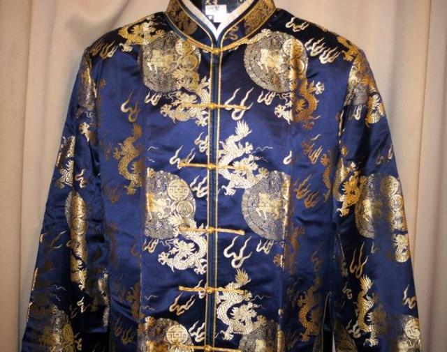 シルク地龍団柄高級カンフー服風アオザイ(紺色/金龍)_3